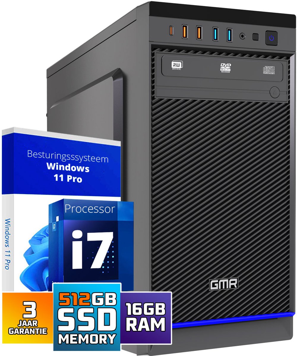 Intel Ultra Compleet Desktop PC | Intel Core i7 | 16 GB RAM | 512GB SSD M.2 | DVD+RW | Windows 11 Pro | Business Office Multimedia Computer (8721001992898)