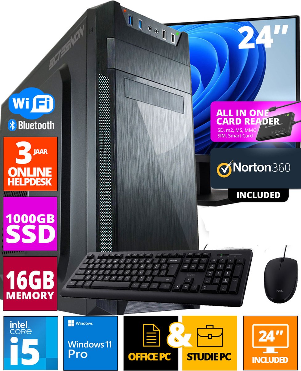 ScreenON - Allround Office PC Set - 24 Inch Monitor + Muis + Toetsenbord | Inclusief Norton 360 & USB SD Card Reader + WiFi & Bluetooth (8720663667663)