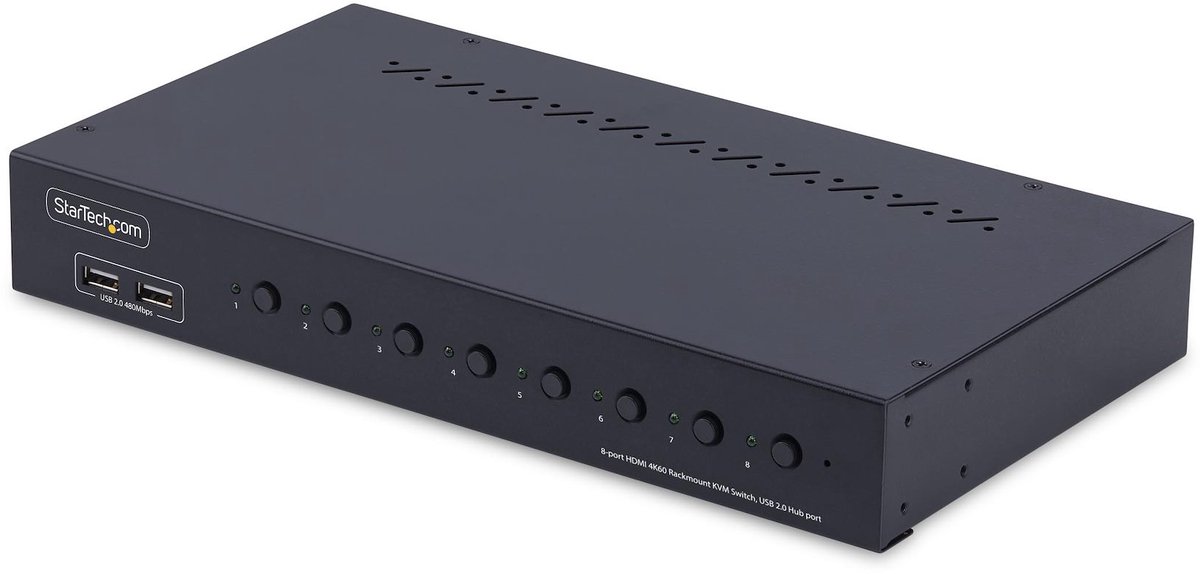 StarTech.com 8-Port HDMI KVM Switch met 1U Rackmontage Kit, 4K 60Hz HDMI 2.0, Drukknop/Hotkey Schakelaar, 4-Port USB Hub (0065030907231)