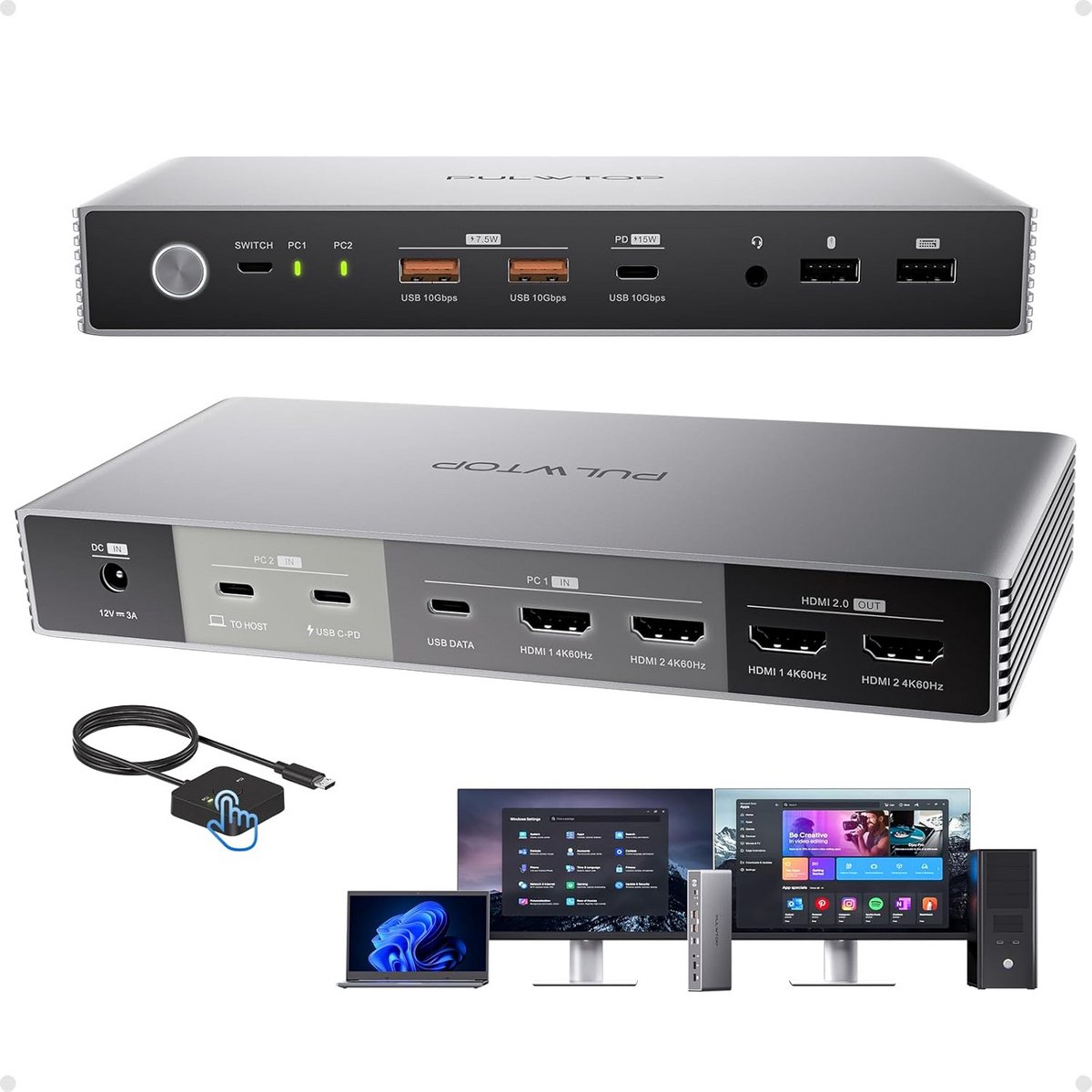 4K KVM Switch Dockingstation Dual Monitor voor Laptop en Desktop met 10Gbps USB C en Opladen (9101057788413)