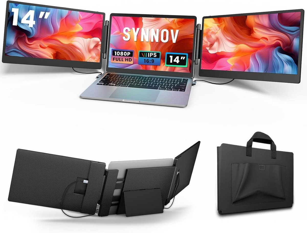 Draagbare Drievoudige Monitor voor Laptop - 14 Inch FHD 1080P Schermverlenger met Standaard - Plug & Play voor MacOS & Windows (9101052429168)