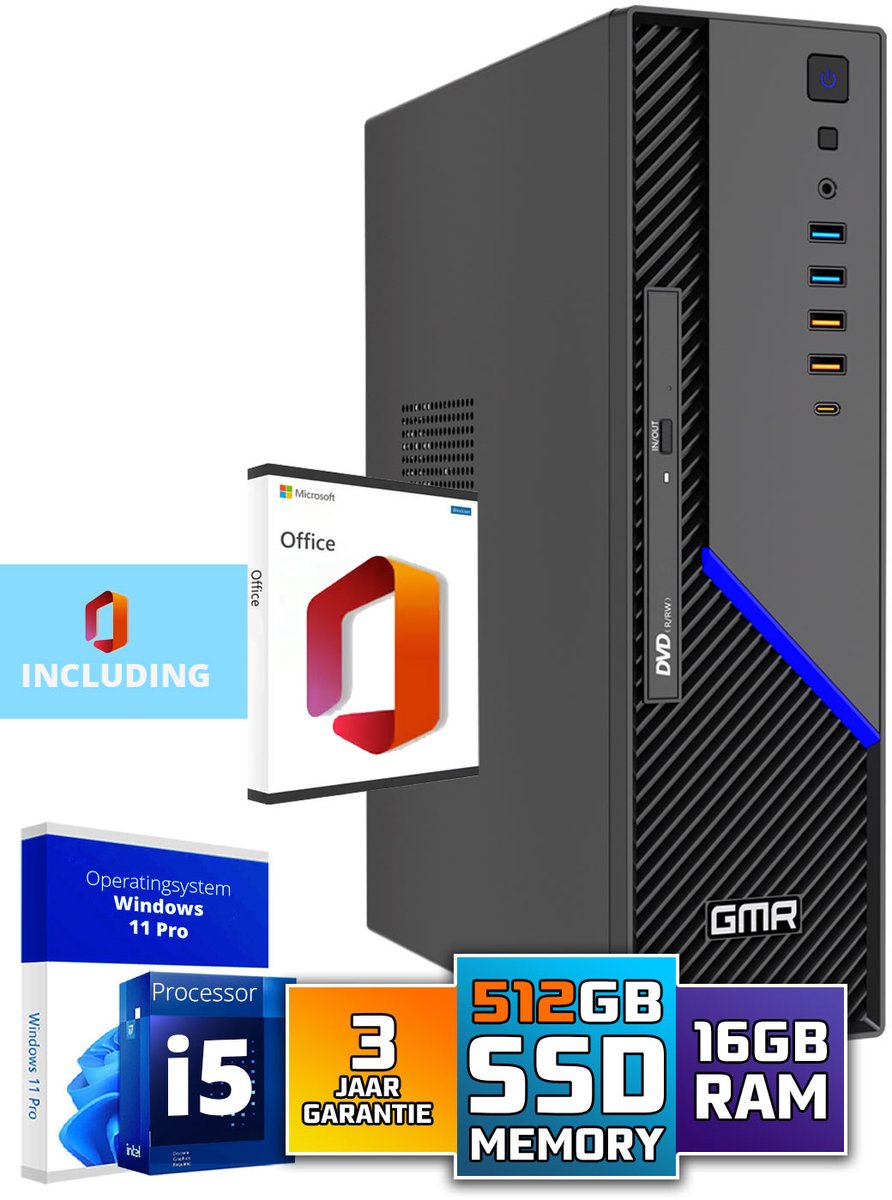 GMR Ultra SFF i5 Office PC - Business Office Computer | 16 GB RAM | 512GB SSD M.2 | DVD±RW | Windows 11 Pro | WiFi-Bluetooth | Inclusief Microsoft Office! (8720663667052)
