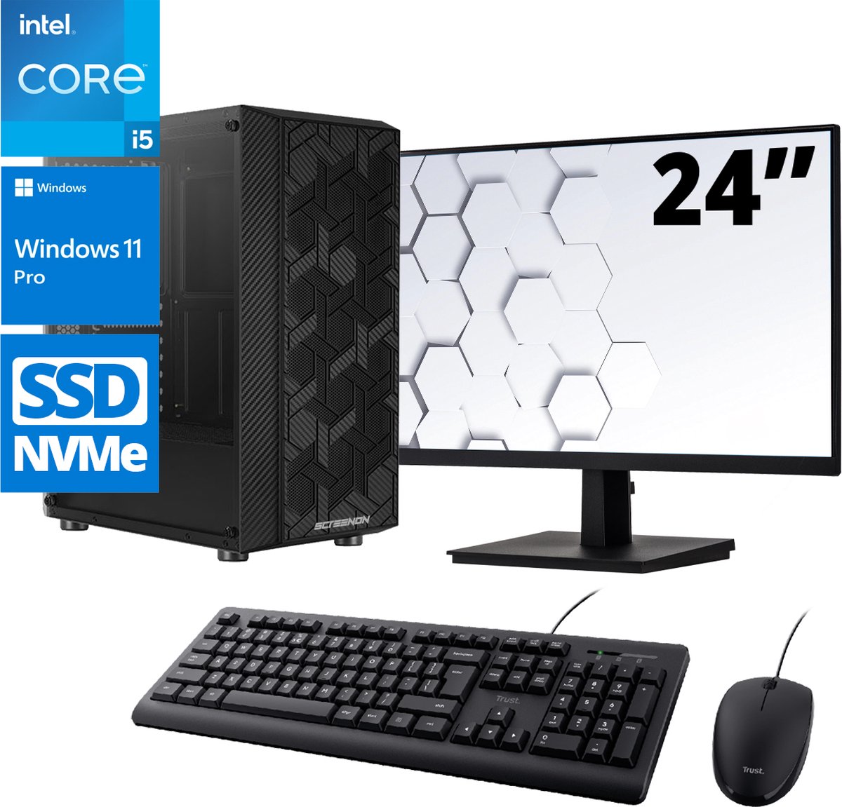 Intel Compleet PC SET | Intel Core i5 | 16 GB DDR4 | 500 GB SSD + 24 Inch Monitor + Muis + Toetsenbord | Windows 11 Pro + WiFi & Bluetooth (8720663667090)