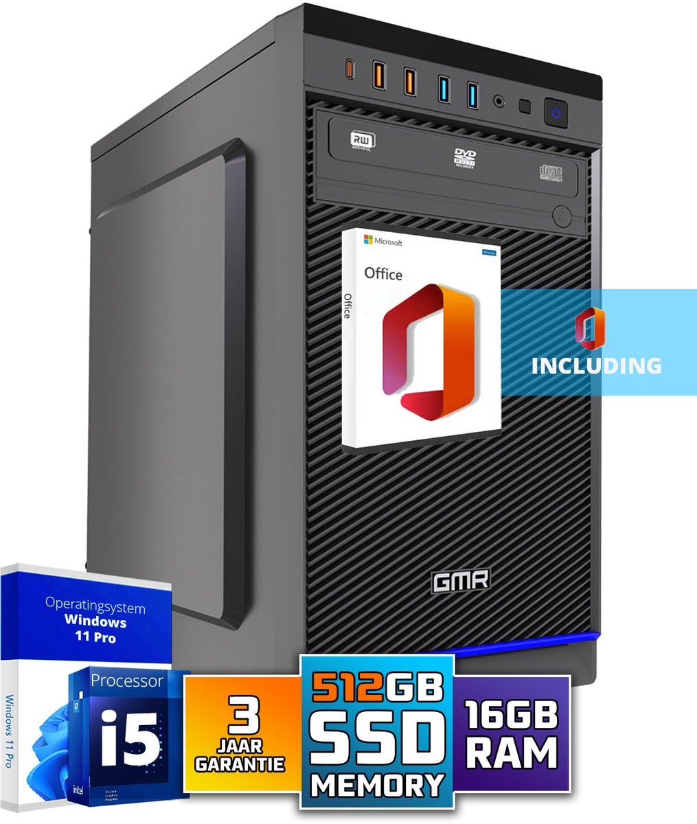 Intel Ultra Compleet Desktop PC | Intel Core i5 | 16 GB RAM | 512GB SSD M.2 | DVD+RW | Windows 11 Pro | Business Office Multimedia Computer | Inclusief Microsoft Office! (8721001991587)