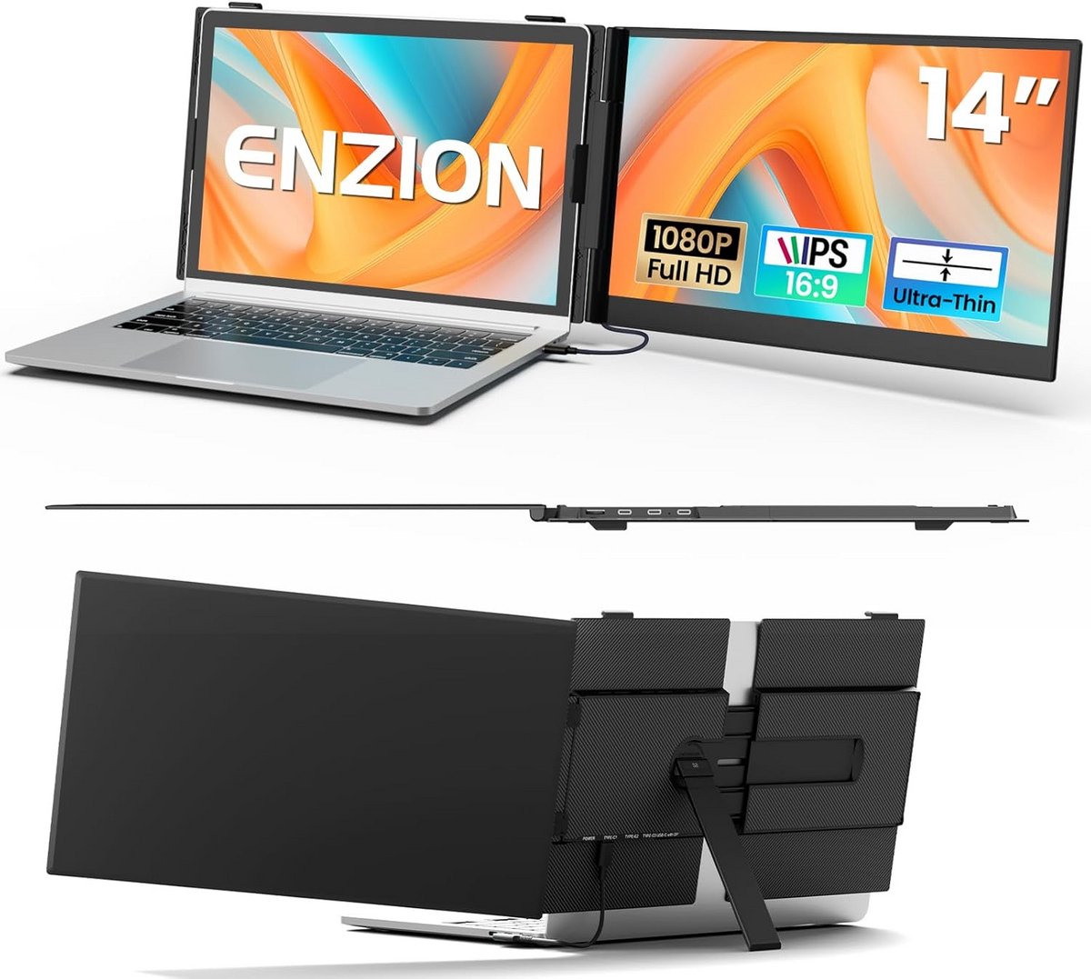 Draagbare Monitor voor Laptops - 14 inch FHD 1080p Full HD Schermuitbreiding - Ultradun & Lichtgewicht - Plug & Play voor 13-17 Inch Laptops (Mac/Windows/Chrome) (9101076987590)