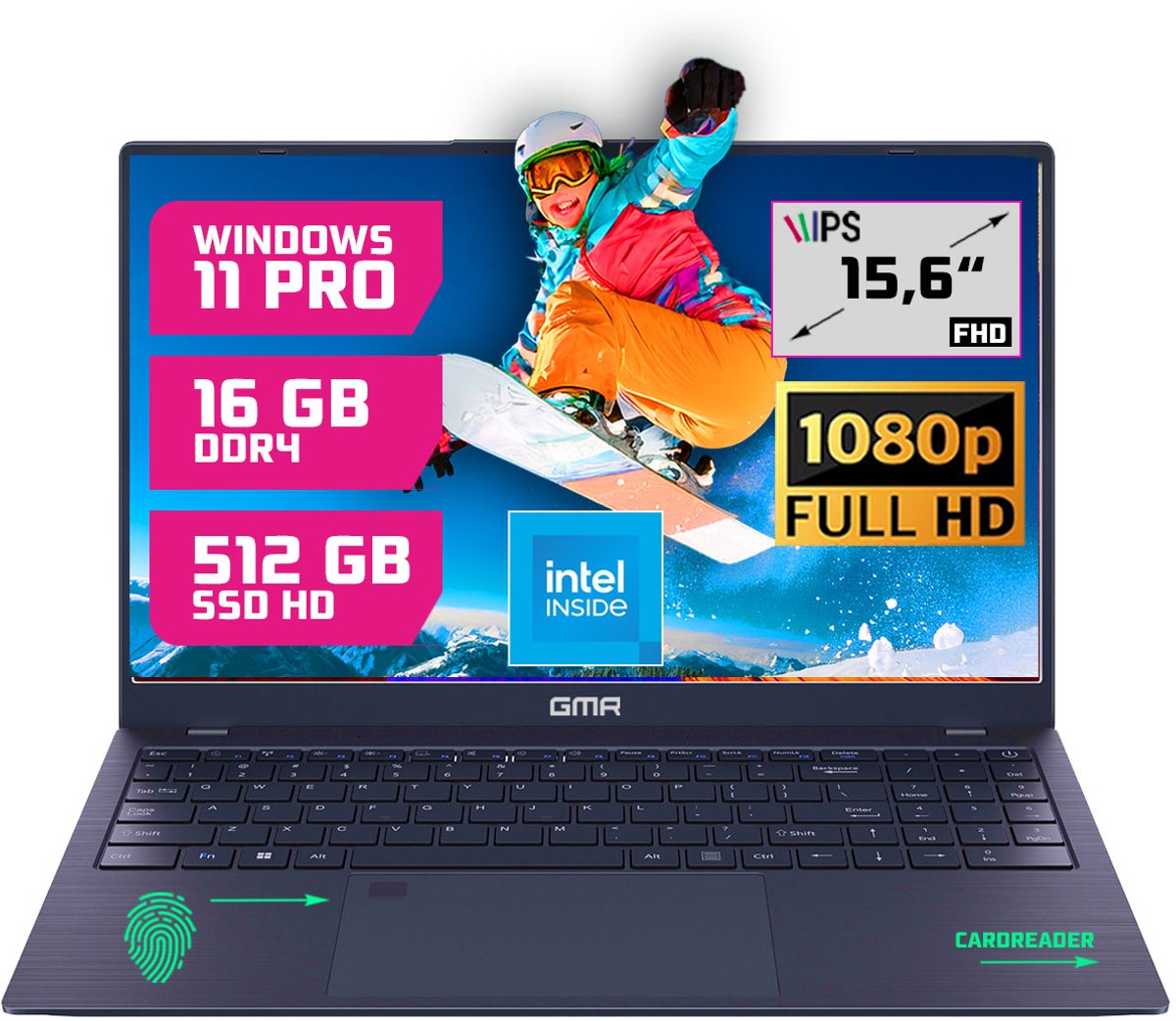 GMR - 15.6 Inch Full HD Laptop - Intel N95 - 16GB DDR4 RAM - 512GB SSD - Windows 11 Pro voor Thuis, Office en Studie - QWERTZ/QWERTY Notebook (8721001993659)