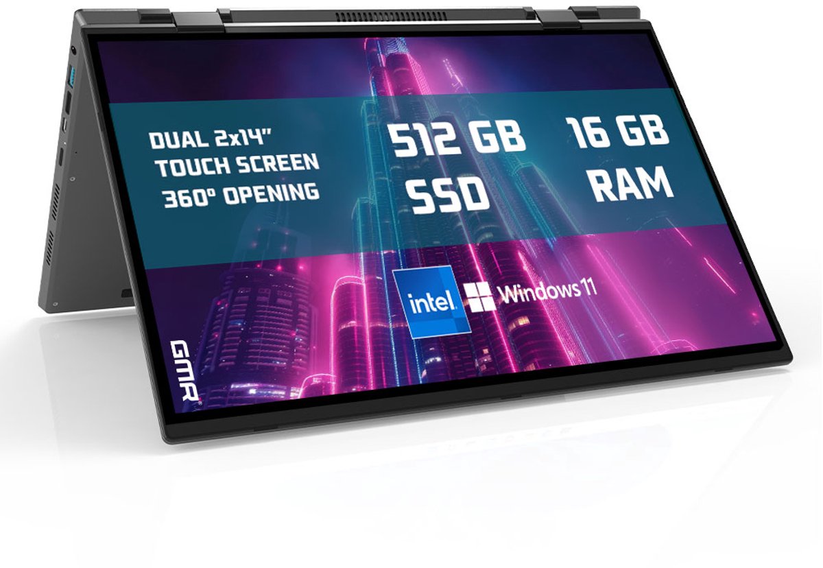 GMR - DUAL YOGA 360° Laptop - 2 x 14 Inch 2.2K Dual Touchscreen + Toetsenbord Cover - Intel N100 - 16GB DDR4 RAM - 512GB SSD - Windows 11 voor Thuis, Office en Studie Notebook (8721001993673)