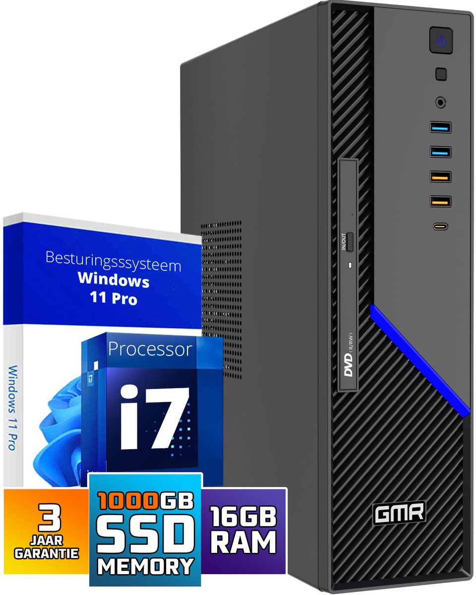 GMR Ultra SFF i7 Office PC - Business Office Computer | 16 GB RAM | 1024GB SSD M.2 | DVD±RW | Windows 11 Pro | WiFi-Bluetooth (8721001993321)