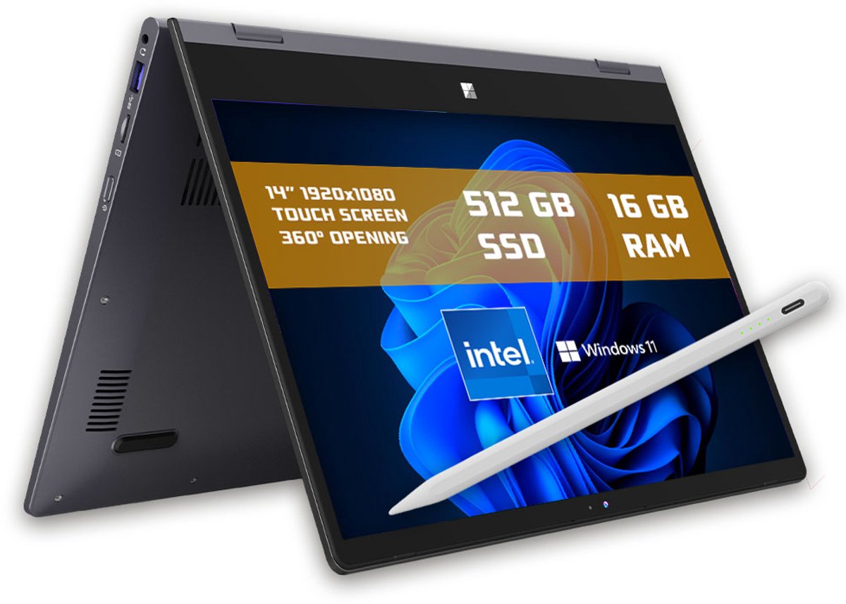 GMR - YOGA 360° Laptop - 14 Inch Full HD Touchscreen + Stylus - Intel N100 - 16GB DDR4 RAM - 512GB SSD - Windows 11 voor Thuis, Office en Studie Notebook (8721001993666)
