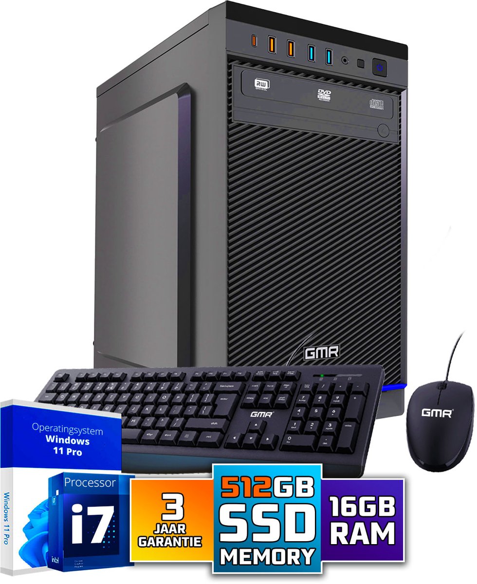 Intel Compleet PC | Intel Core i7 | 16 GB RAM | 512 GB SSD | Windows 11 Pro | Inclusief Muis & Toetsenbord (8721001990122)