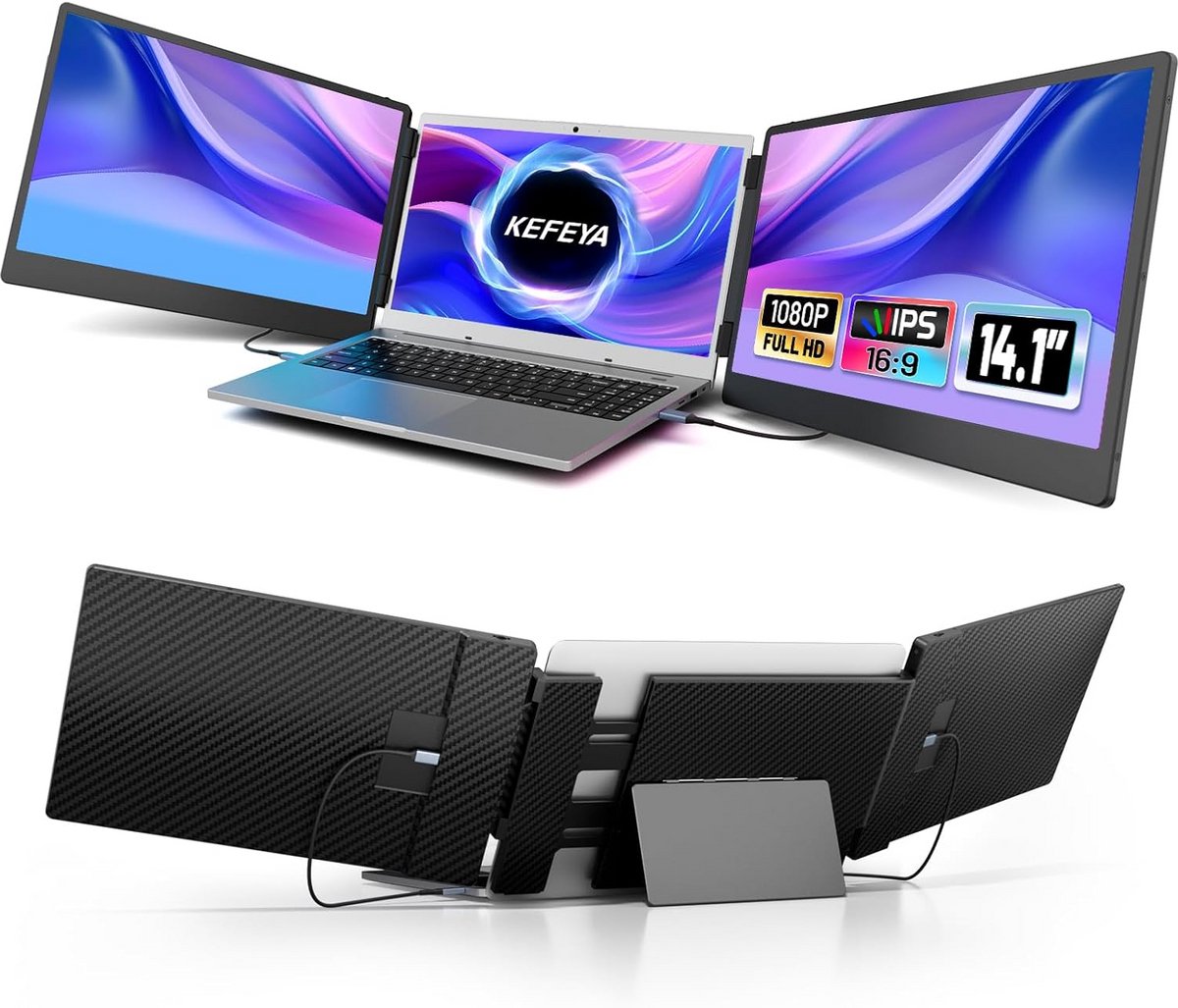 KEFEYA Draagbare monitor voor laptop 14,1 inch met stevige metalen kickstand, 1080P HD IPS laptop monitor plug and play voor Windows/Chrome/Mac/Switch/PS5 (9101065737212)