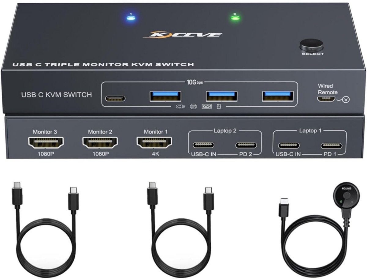 KVM Switch USB-C 2 Laptops 3 Monitoren 4K, Dockingstation met 80W PD Opladen en USB 3.2 (9101053313916)