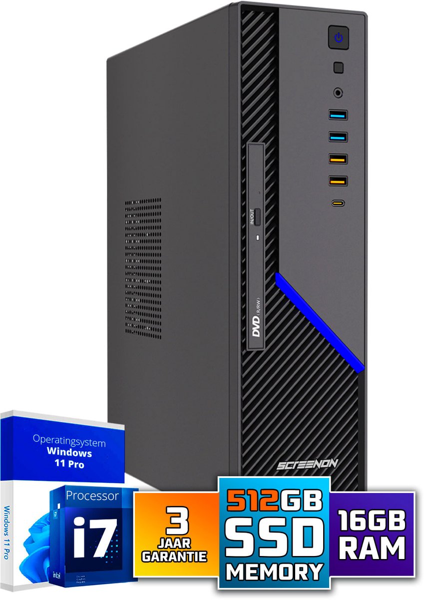 ScreenON Ultra SFF i7 Office PC - Business Office Computer | 16 GB RAM | 512GB SSD M.2 | DVD±RW | Windows 11 Pro | WiFi-Bluetooth (8720663667175)