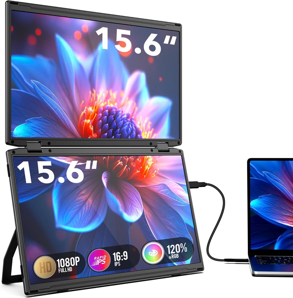 15,6 Inch Draagbare Monitor voor Laptop - 1080P FHD IPS Dubbel Scherm met 360° Rotatie (9101028488274)