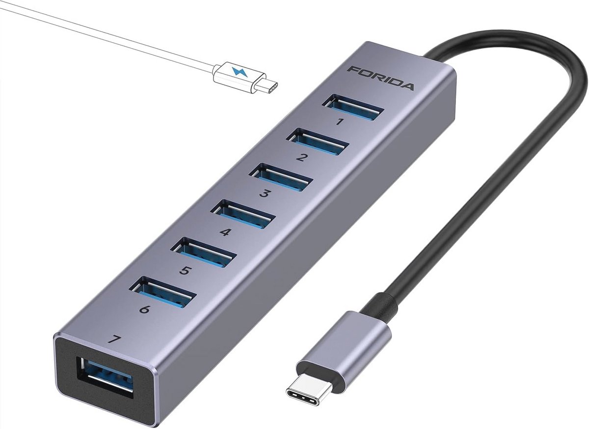 7-poorts USB 3.0 Hub met Aan/Uit-schakelaars en Verlichting - Lange 1,2 m Kabel voor Laptop en PC (9101013990591)