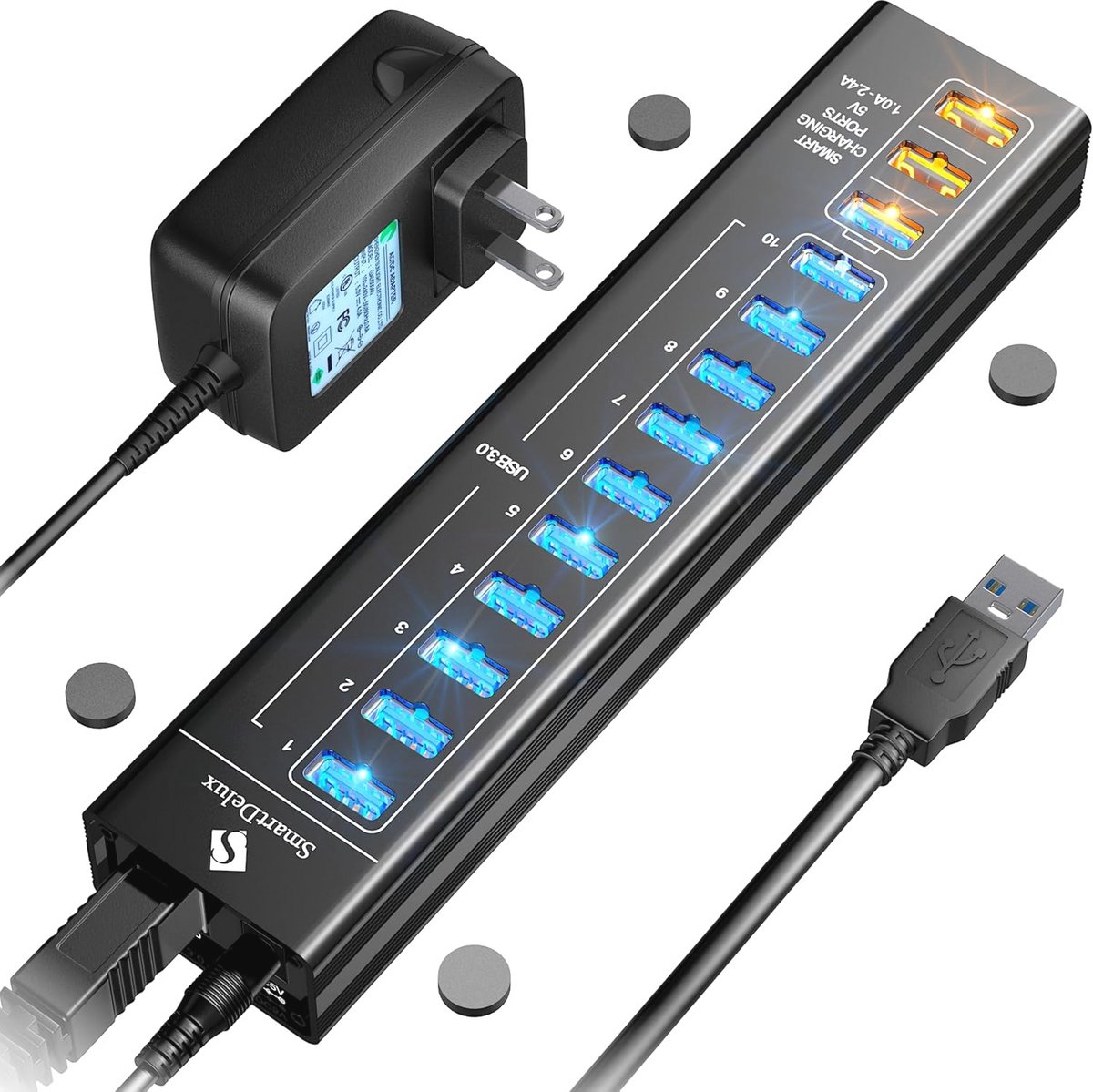 Aluminium USB-hub 13 poorten met slimme oplaadfuncties - Zwart (9101014823157)