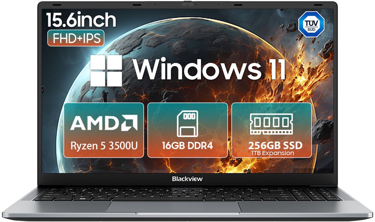 Blackview AceBook 6 Laptop - 15,6 inch Full HD - 16 GB RAM - 512 GB SSD AMD Ryzen 5 3500U - Windows 11 Notebook - UHD Graphics - Grijs (6931548326717)