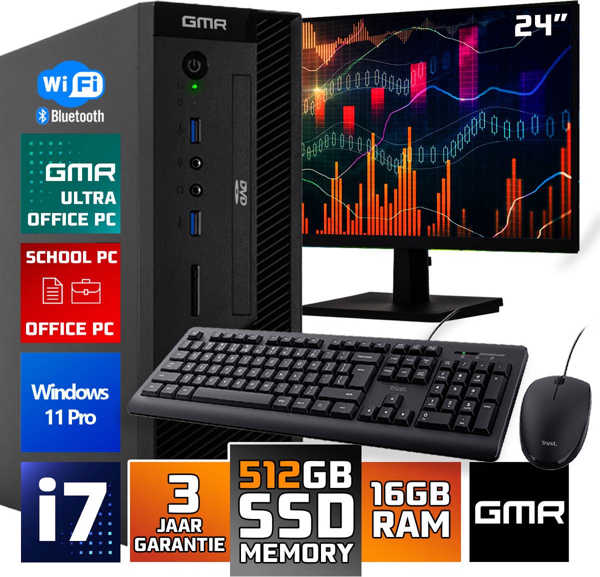 GMR Slim i7 Office PC SET - Business Office Computer | 16 GB RAM | 512GB SSD | USB 3 | DVD | Windows 11 Pro | WiFi-Bluetooth | 24 Inch Monitor + Muis & Toetsenbord (8721001991822)