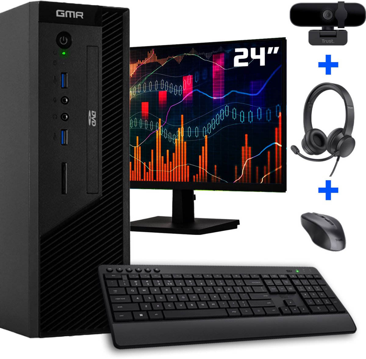 GMR Slim i7 Office PC SET Premium - Business Office Computer | 16 GB RAM | 512GB SSD | USB 3 | DVD | Windows 11 Pro | WiFi-Bluetooth | 24 Inch Monitor + Draadloze Muis & Toetsenbord + Headset + Webcam (8721001991839)