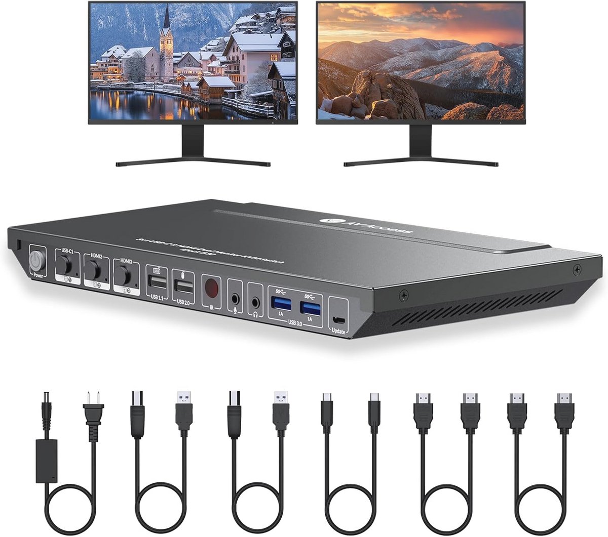 KVM Switch Dock voor 3 Computers en 2 Monitoren - 4K, HDMI, Type-C, 65W Opladen, Ethernet, Hotkey (9101040923562)