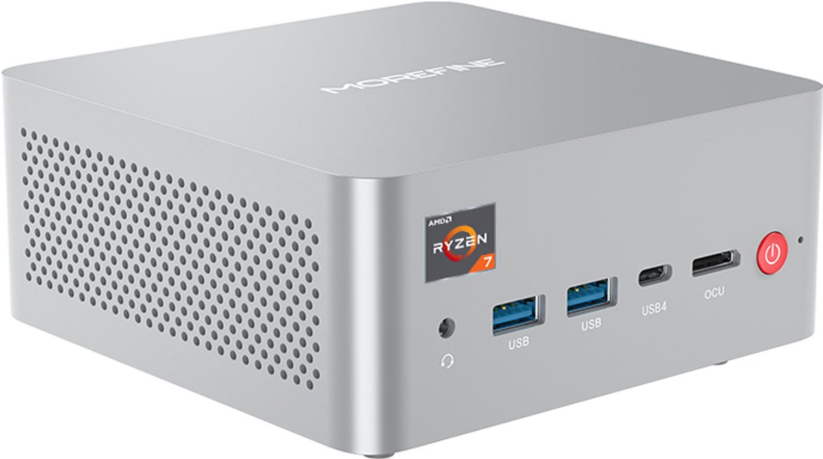 MOREFINE M900 AMD Ryzen™ 7 H 255 Mini PC, mini pc desktops, mini pc met windows 11 (8c / 16t, up to 4.9GHz), HDMI/DP / USB4 (4K @ 144Hz), 2.5G LAN, Wi-Fi 6 / BT5.2 / 16GDDR5 5600MHz +1T PCIe4 (8721052200768)