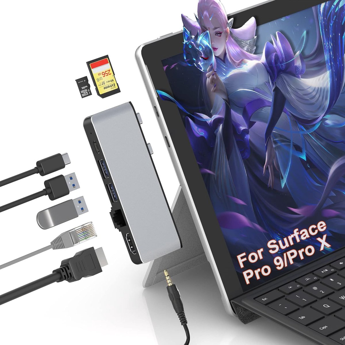 Surface Pro 9 Dockingstation met HDMI, USB, Ethernet, SD/TF-kaartsleuven - Accessoires voor Surface Pro 9 - Multifunctionele Hub met 7 Poorten (8721119055140)