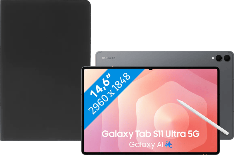 Samsung Galaxy Tab S11 Ultra 14,6 inch 512GB Wifi + 5G Grijs + BlueBuilt Book Case Zwart (6151132935952)